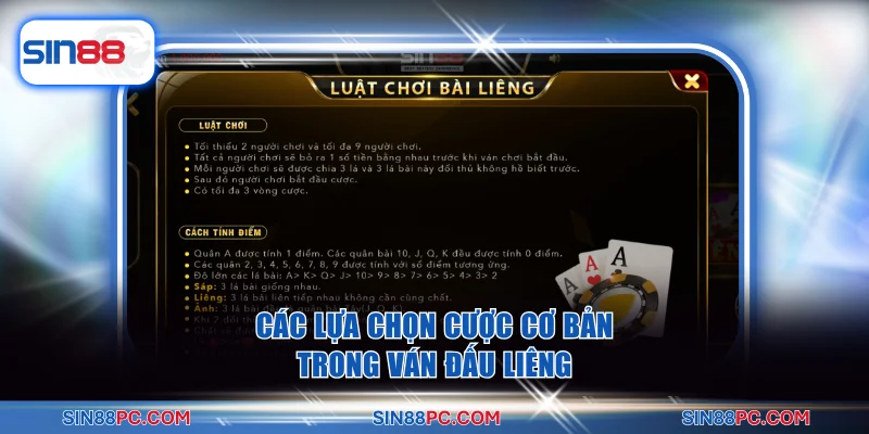 Các lựa chọn cược cơ bản trong ván đấu Liêng